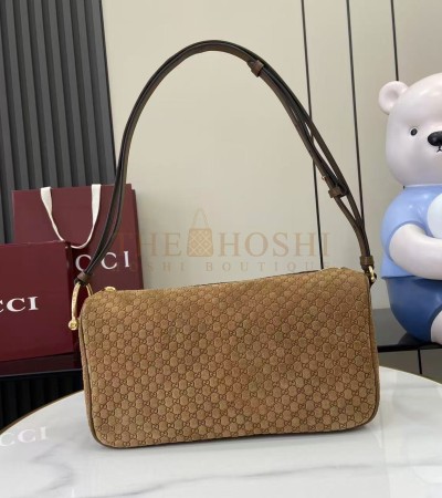 GUCCI HALF HORSEBIT SHOULDER BAG BROWN GG EMBOSSED SUEDE BROWN  31.5×17×12CM